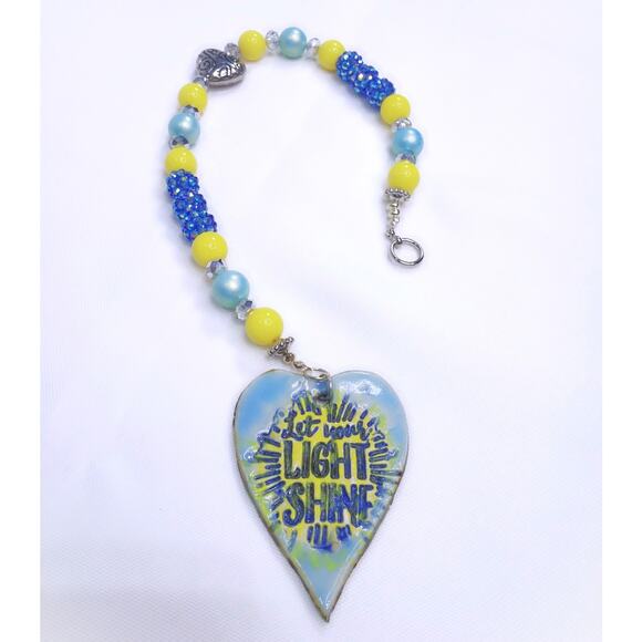 Artisan Ceramic Heart Beaded Suncatcher Inscribed Let Your Light Shine Colorful - Picture 1 of 12
